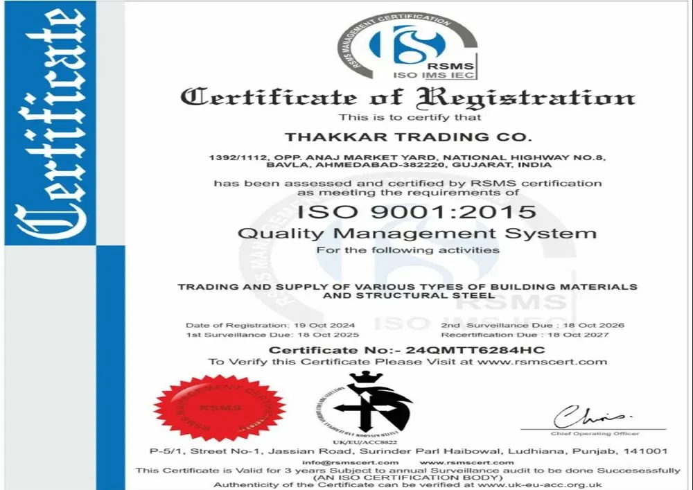 ISO 9001:2015 certificate of registration for Thakkar Trading Co.