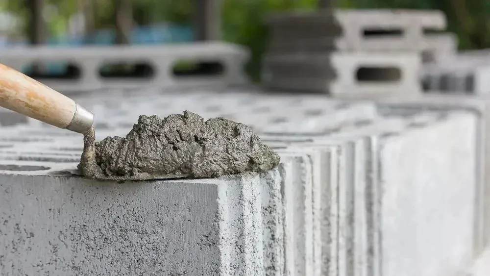 Cement being spread on a block wall