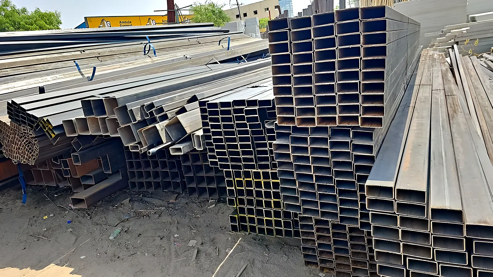 Square and rectangular pipes stacked in the yard